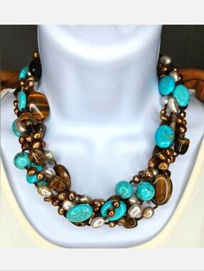Genuine Freshwater Pearl, Turquoise & Tiger's Eye Multi Strand Necklace